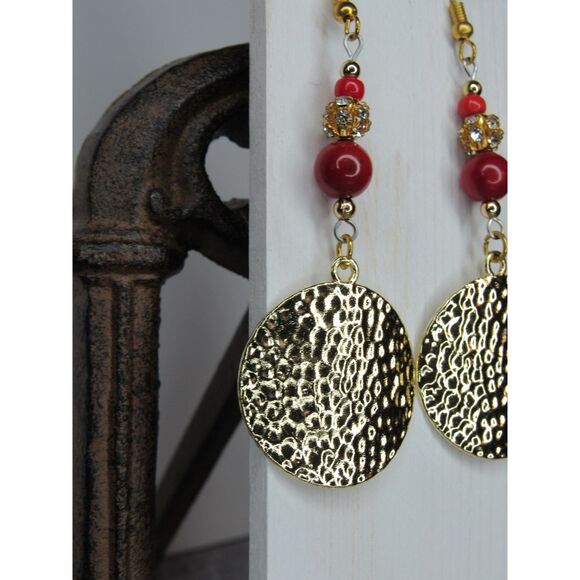 Gold Hammered Disc Earrings with Red and CZ accents - Picture 4 of 7